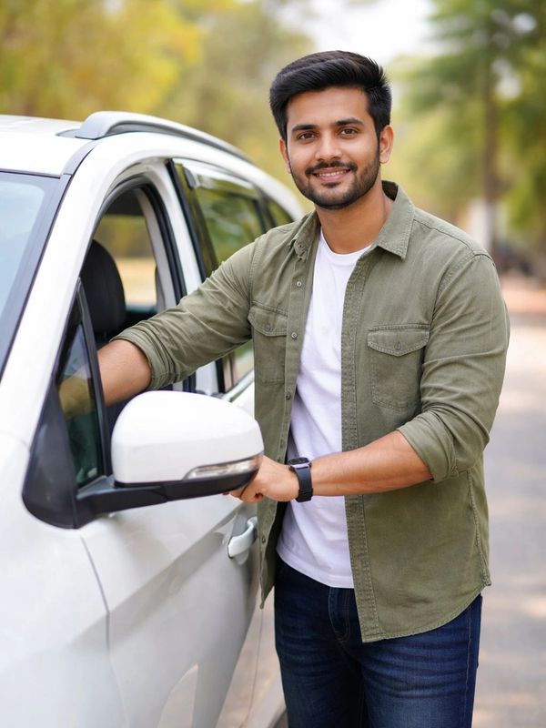 Smiling young man standing beside a white car on a sunny day.