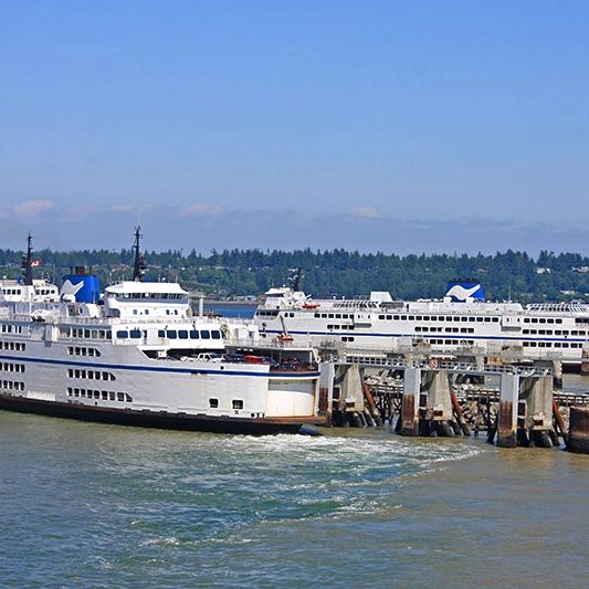 Ferries docked at a terminal with a forested shoreline in the background under a clear blue sky.