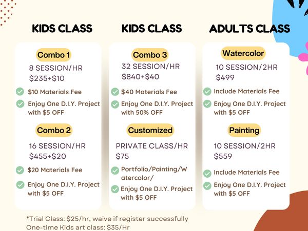 Different kids and adults art class combos with session details and fees.
