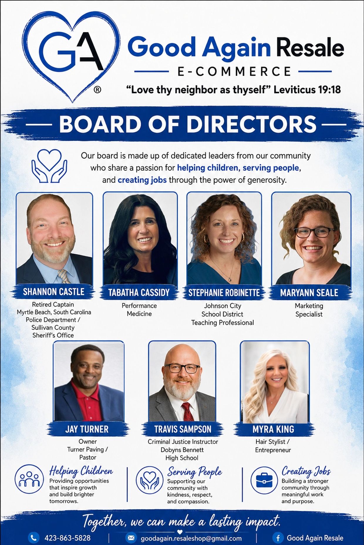 Good Again Resale Board of Directors with roles and contact info.