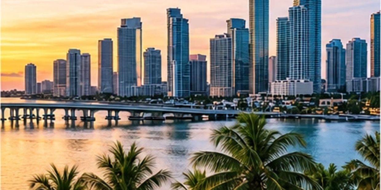 Sunset over a city skyline with palm trees and water.