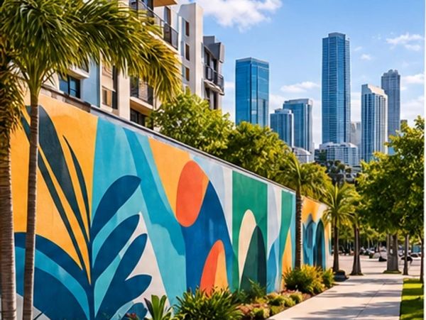Colorful mural on a city sidewalk with skyscrapers in the background.