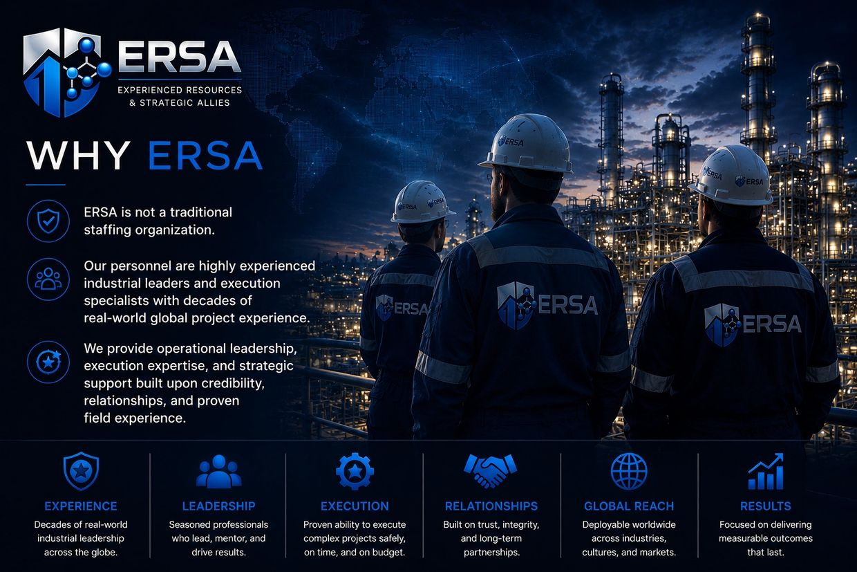 ERSA team in industrial uniforms overlooking a large refinery at dusk, highlighting leadership and expertise.