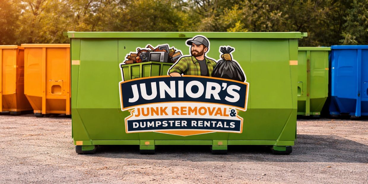 Colorful dumpsters with Junior's Junk Removal &amp; Dumpster Rentals logo on a green dumpster.