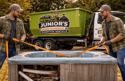 Two men securing a hot tub with orange straps in front of a junk removal truck.