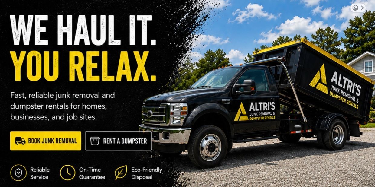 Altri's reliable junk removal and dumpster rental service with a black truck and yellow branding.