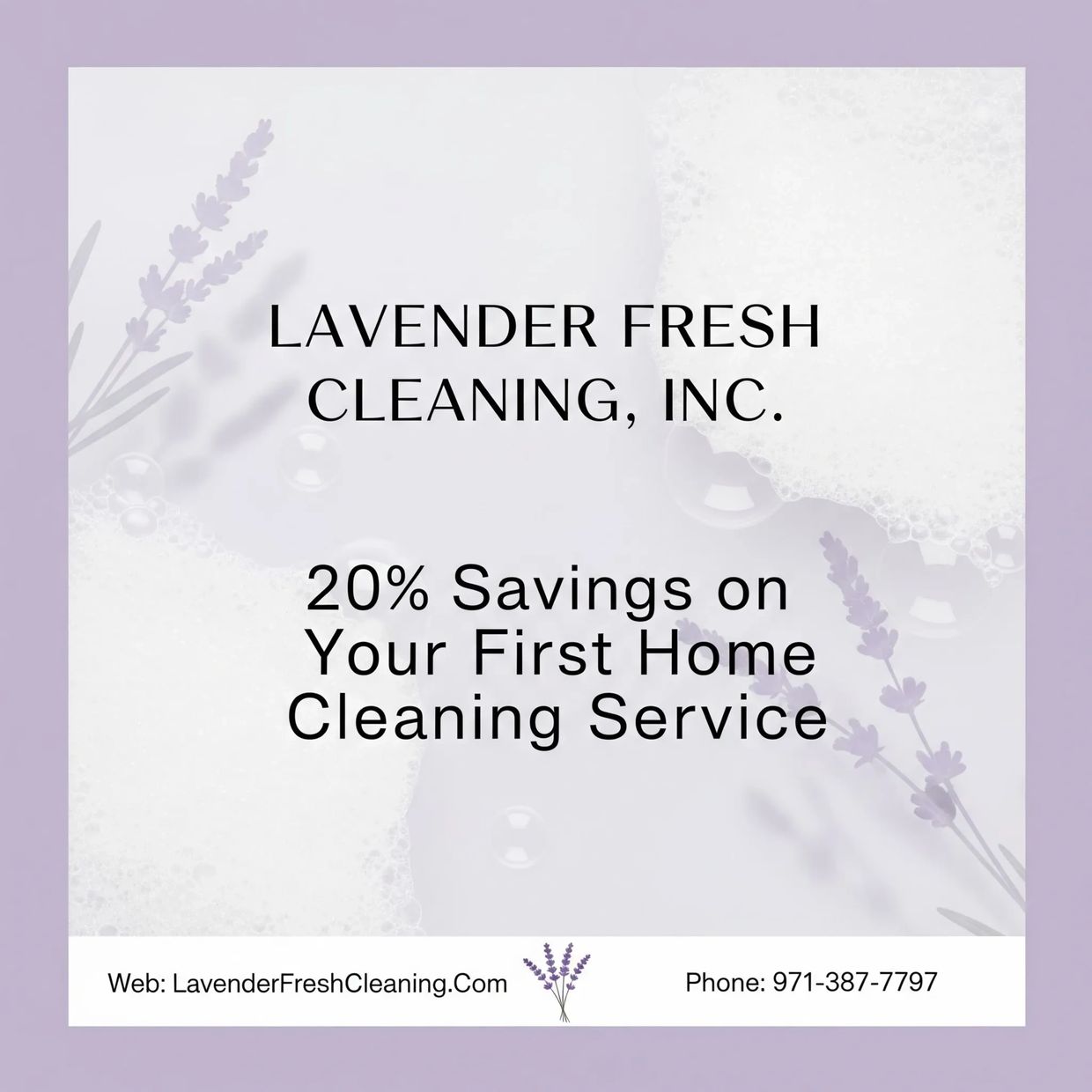 Lavender Fresh Cleaning, Inc. promotional banner offering 20% off first home cleaning service.
