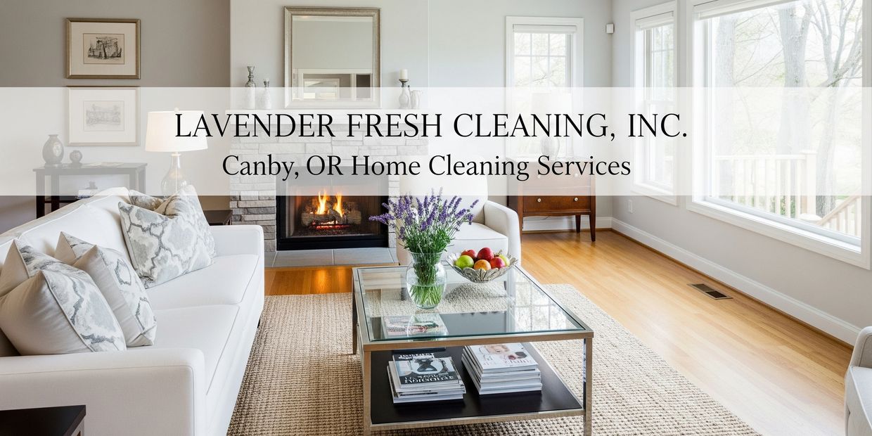 Cozy, sunlit living room with white sofa, lavender flowers, and fireplace promoting cleaning service