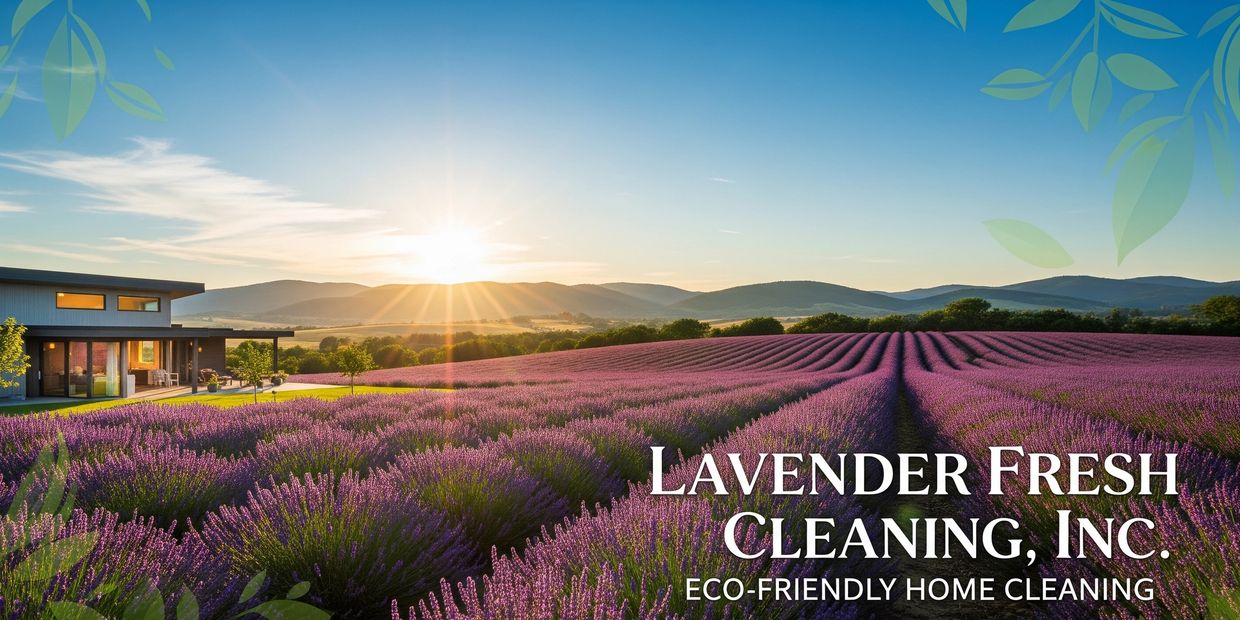 Modern home beside lavender field at sunset, with eco-cleaning text and green leaf graphics overlay.