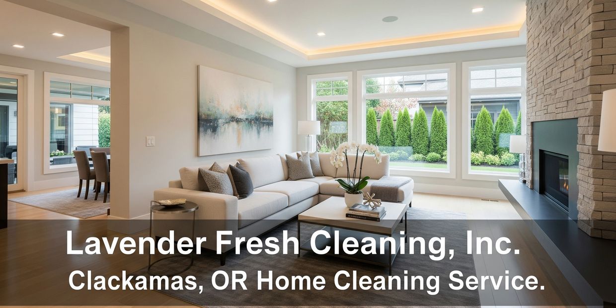 Clackamas living room with clean decor, bright windows, and elegant furniture after home cleaning.