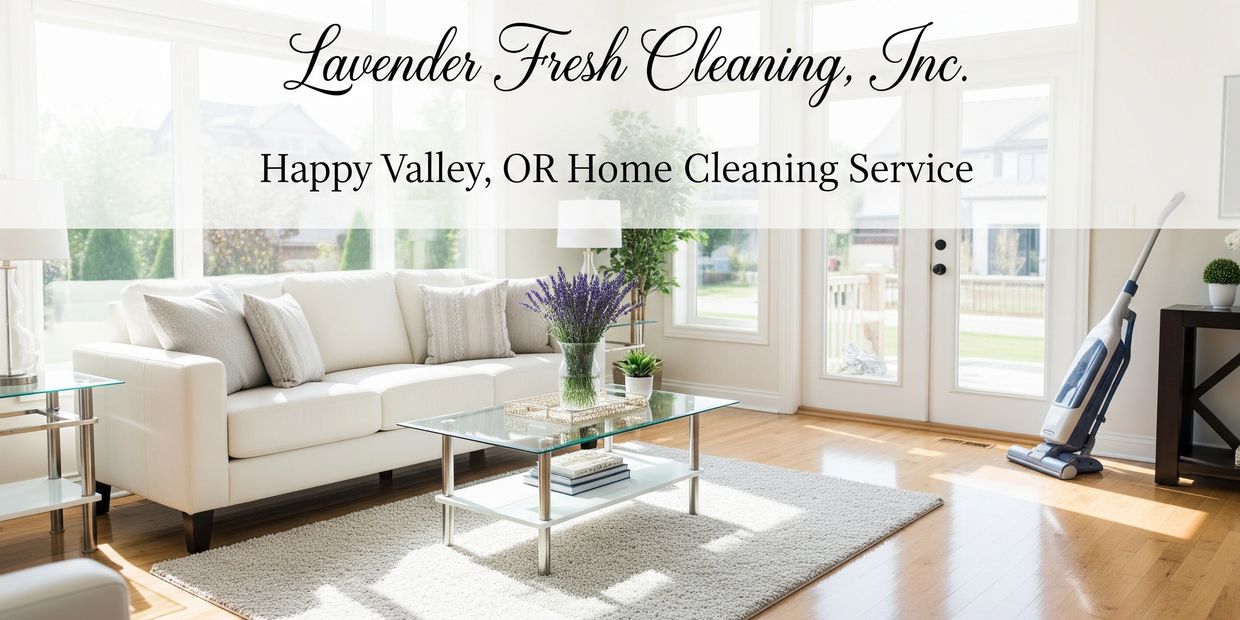 Bright, modern living room with lavender decor and vacuum showcasing professional home cleaning.