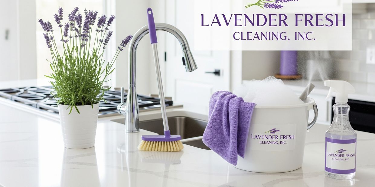 Portland kitchen branded bucket and spray bottle and supplies from Lavender Fresh Cleaning, Inc.