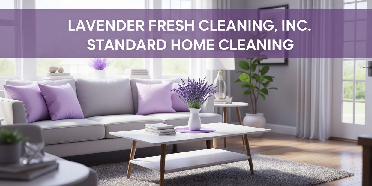 Modern living room with lavender accents, clean and bright from Lavender Fresh Cleaning service.