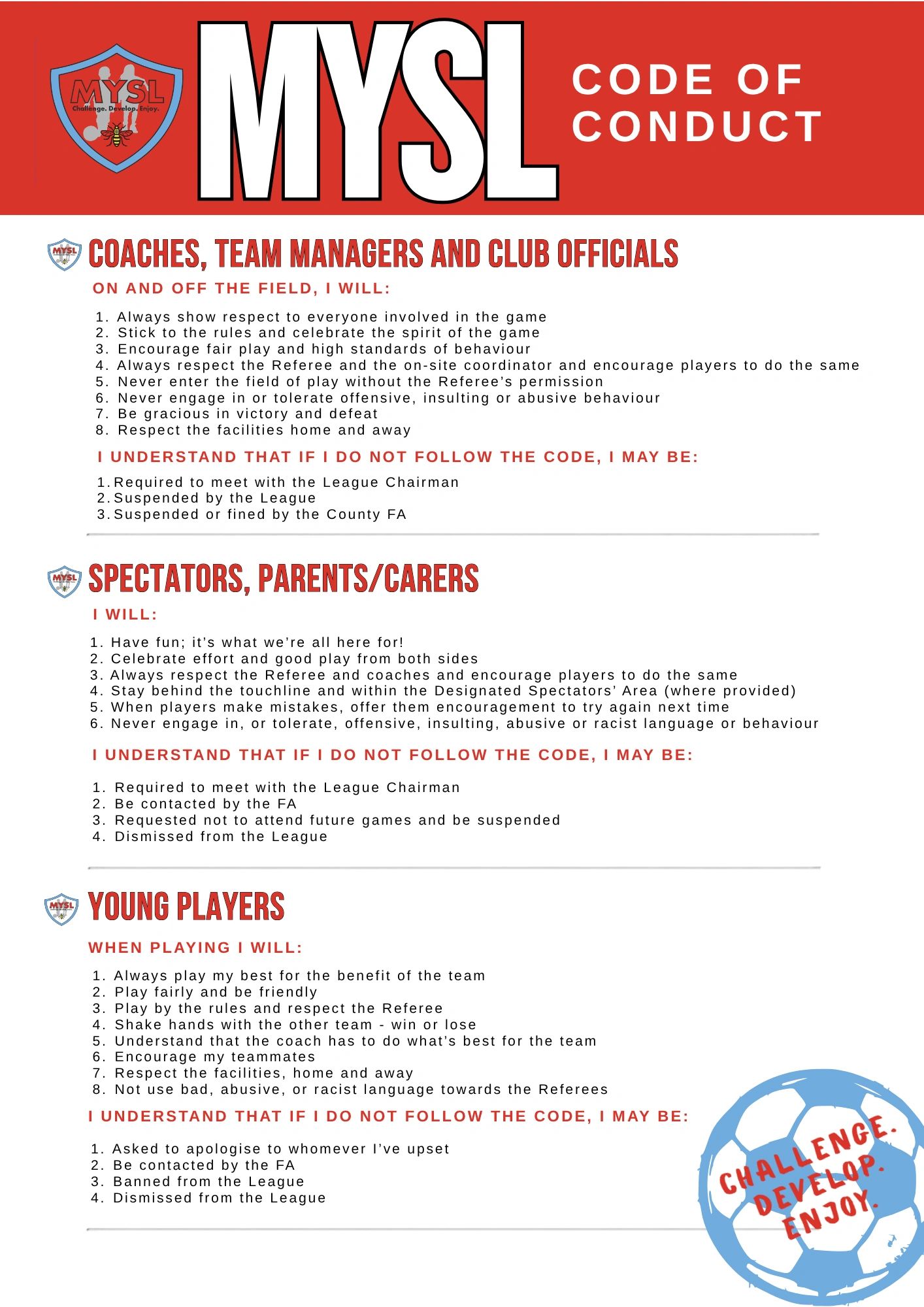 MYSL code of conduct for coaches, spectators, and players.
