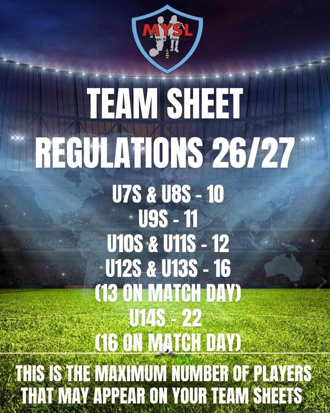 Team sheet regulations for youth soccer age groups 26/27 season.