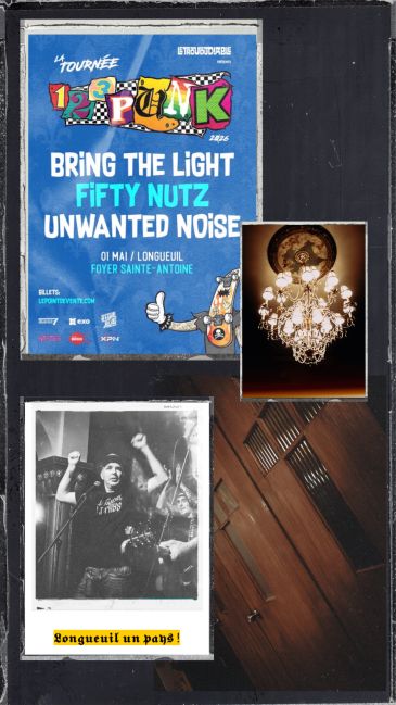 Collage with punk concert poster, chandelier, and vintage band photo.