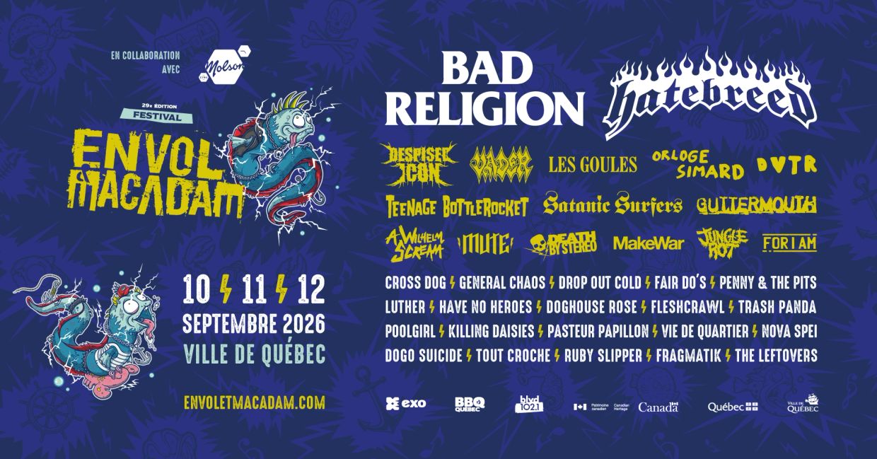 Affiche du Festival Envol et Macadam 2026 à Québec avec Bad Religion et Hatebreed.