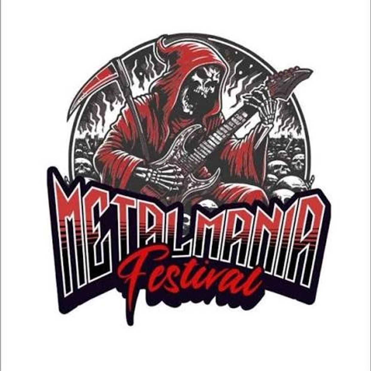 Logo du festival Metalmania avec une figure squelette jouant de la guitare électrique.