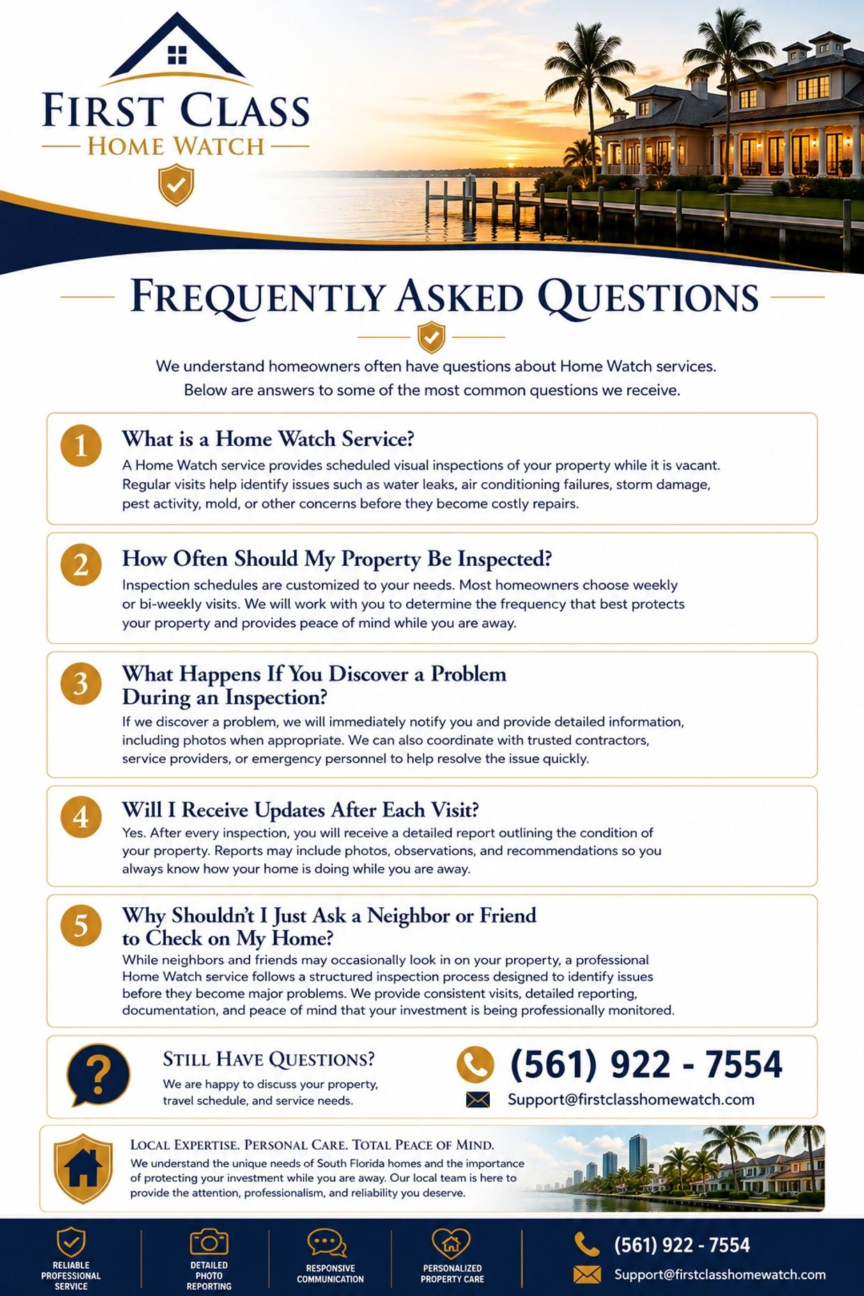 First Class Home Watch offers professional home inspection and monitoring services for vacant properties.