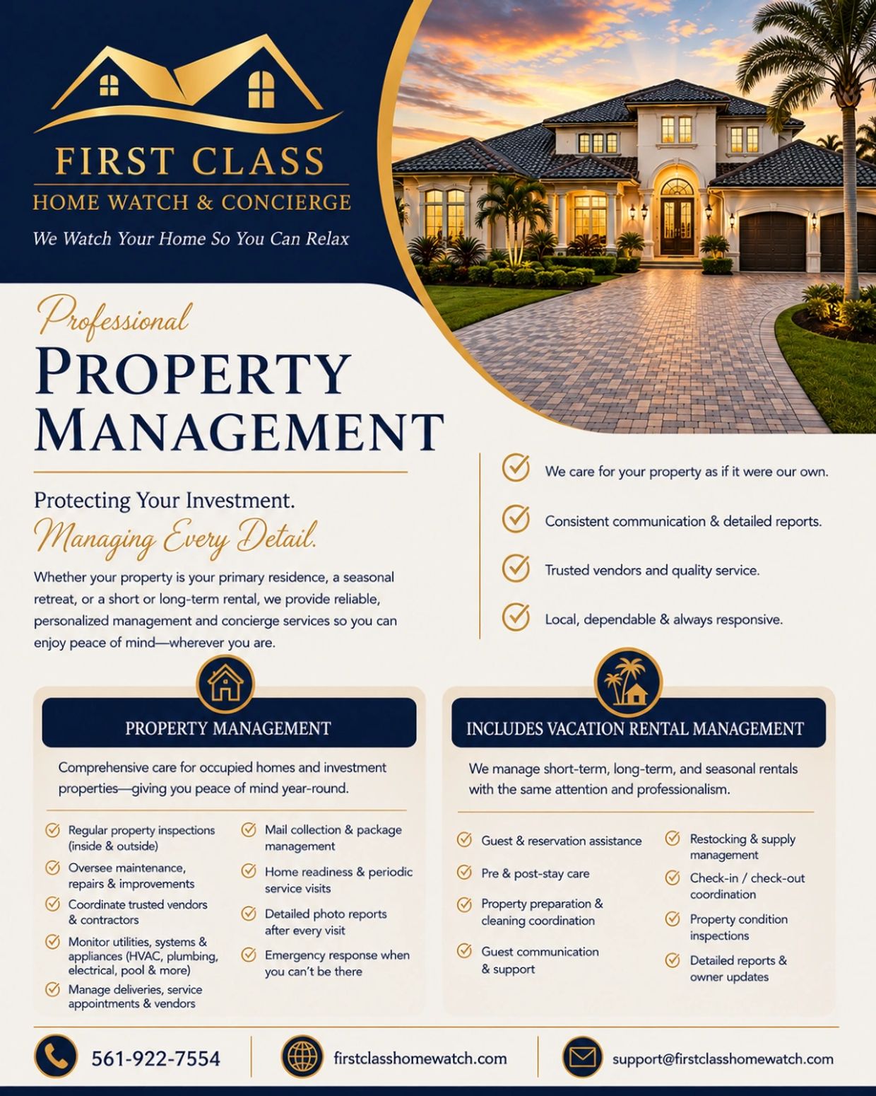 Flyer for First Class Home Watch offering professional property management services.