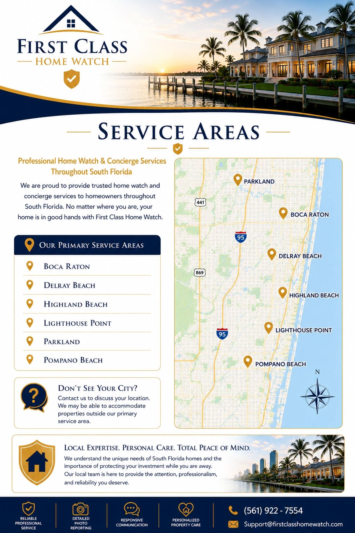 First Class Home Watch offers professional home watch and concierge services in South Florida with a focus on several cities.