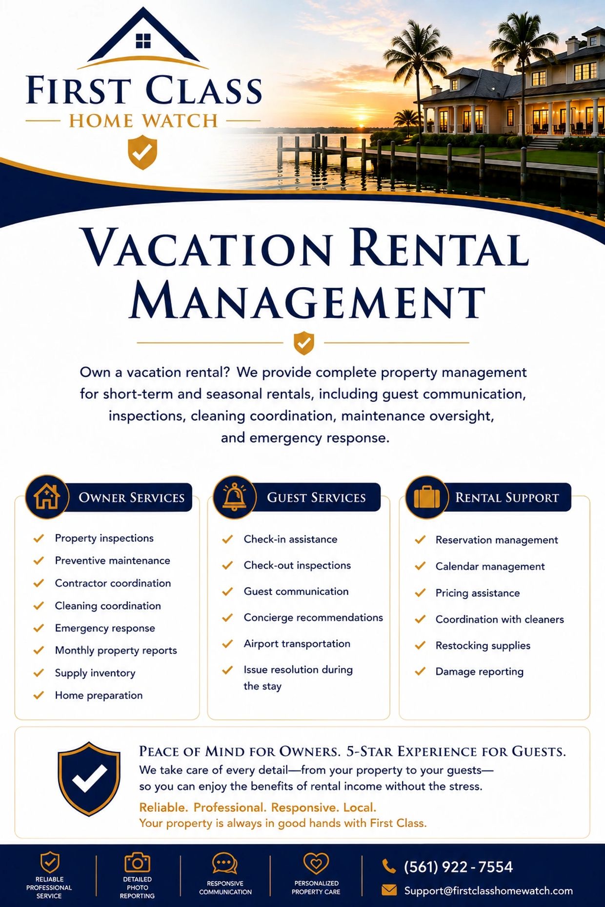 Vacation rental management services offered by First Class Home Watch.