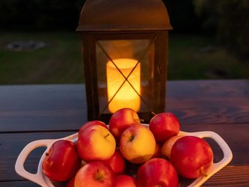A bowl of apples in front of a glowing lantern at dusk.