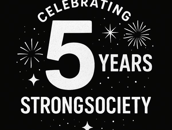 Graphic celebrating 5 years of StrongSociety with stars and fireworks.