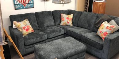 Bestcraft Home Furnishings beautiful new corner sectional with 2019 color of the year Coral pillows!