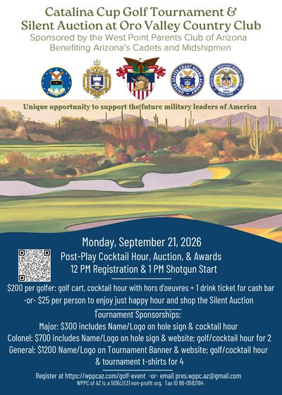 Flyer for Catalina Cup Golf Tournament supporting Arizona's military cadets, Sept 21, 2026.