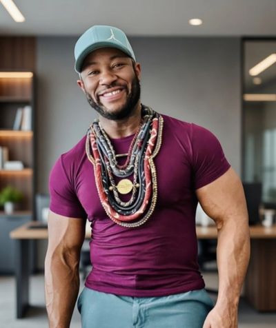 Smiling man wearing a blue cap and multiple necklaces.
