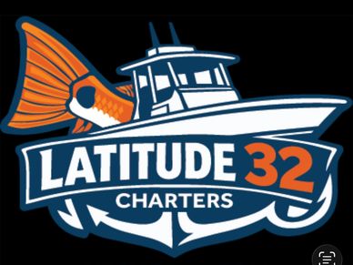 Logo for Latitude 32 Charters featuring a boat and fish tail.