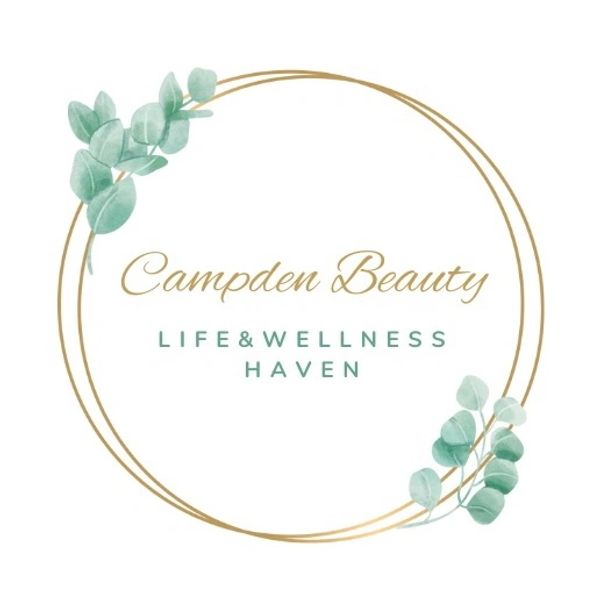Campden Beauty's logo gold circle with green eucalyptus saying Campden Beauty Life & wellness haven
