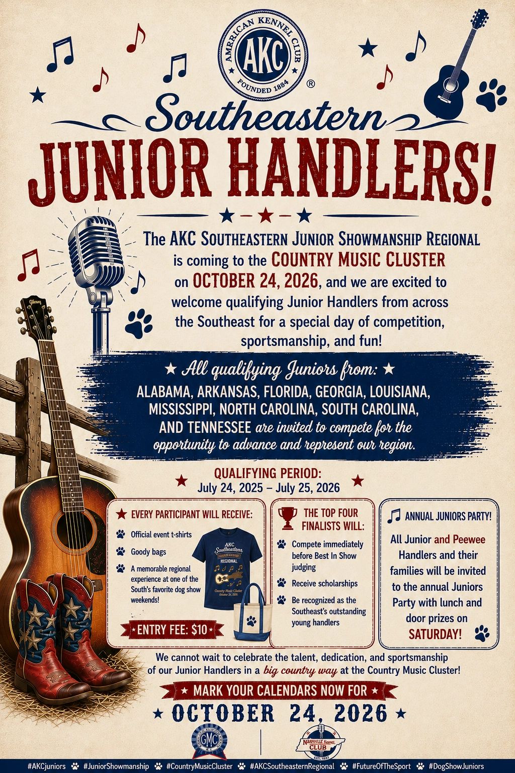 Poster for AKC Southeastern Junior Handlers event on October 24, 2026, at Country Music Cluster.