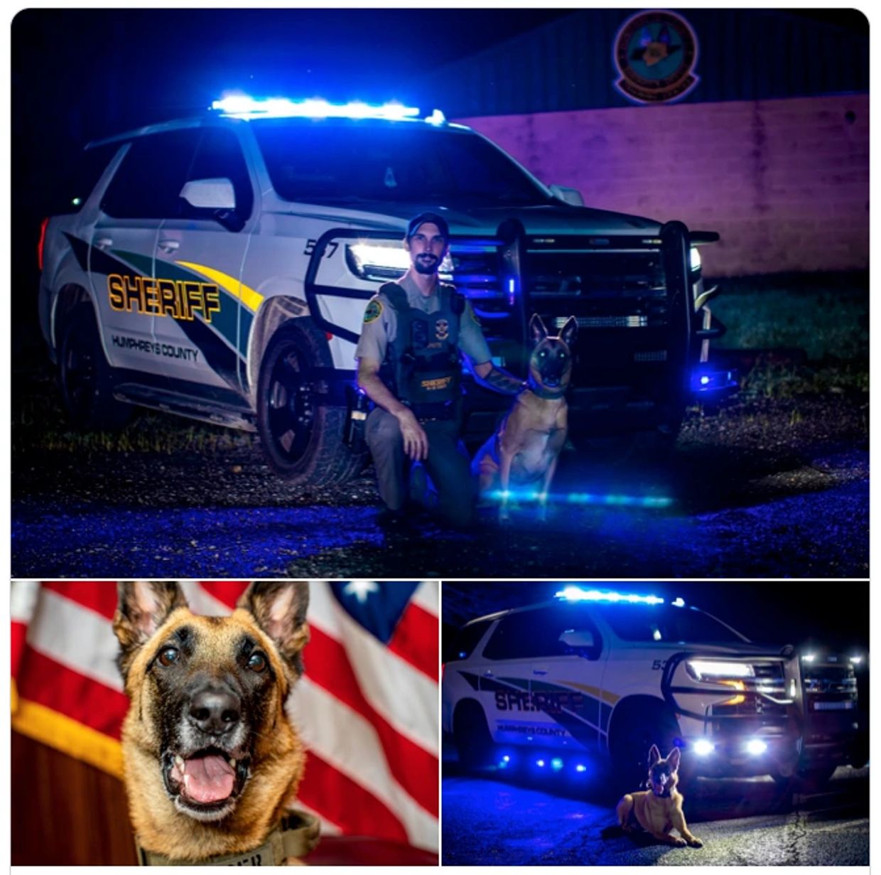 Sheriff officer with K9 dog and patrol vehicle at night.