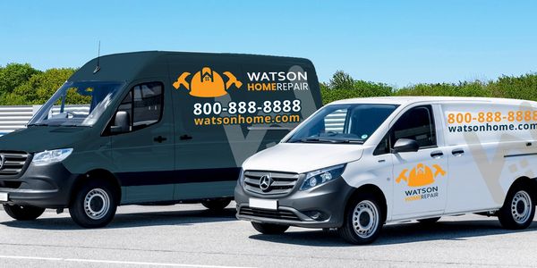 Black service van and white cargo van outside with Watson Home Repair vehicle graphics applied