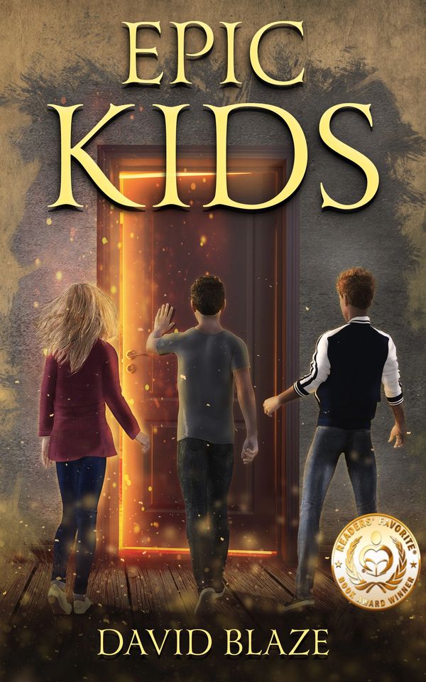 Three kids approach a glowing doorway, stepping into adventure in 'Epic Kids' by David Blaze.