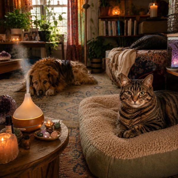 A cozy room with a cat on a bed and a dog lying on the floor.