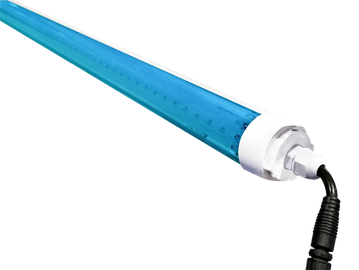 Blue LED tube light with a power cable attached.