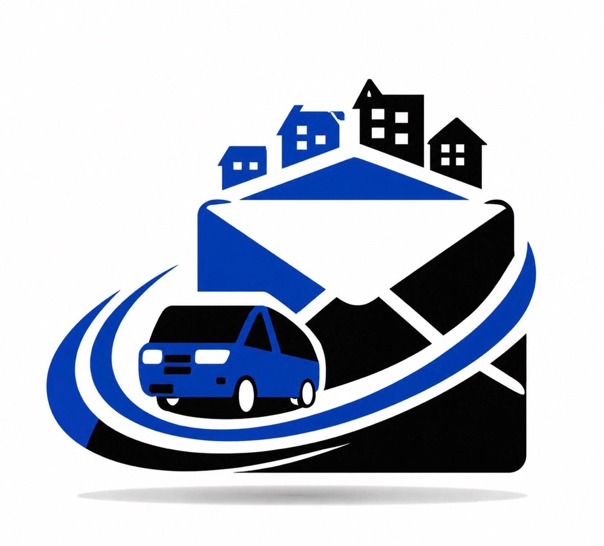 Logo combining mail envelope, houses, and a delivery van in blue and black.