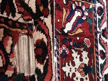 Persian Bakhtiar rug, before and after repair.