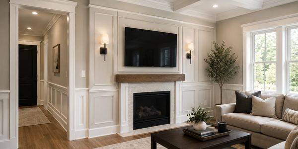 Elegant living room with a fireplace and mounted TV.