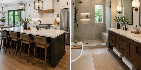 Modern kitchen with island and stylish bathroom with walk-in shower.