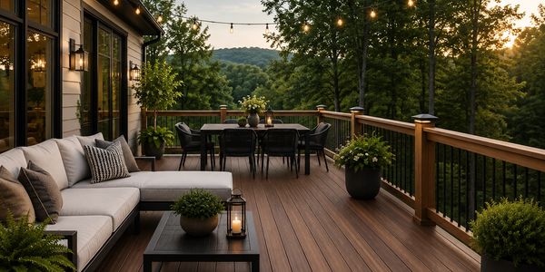 Cozy outdoor deck with comfortable seating and scenic forest views at sunset.