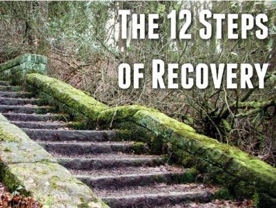 Stone steps in nature titled 'The 12 Steps of Recovery'.