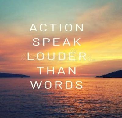 Inspirational quote 'Action speak louder than words' over a serene sunset ocean view.