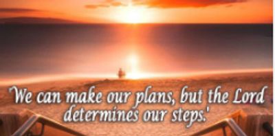 Sunset over a calm beach with an inspirational quote about plans and faith.