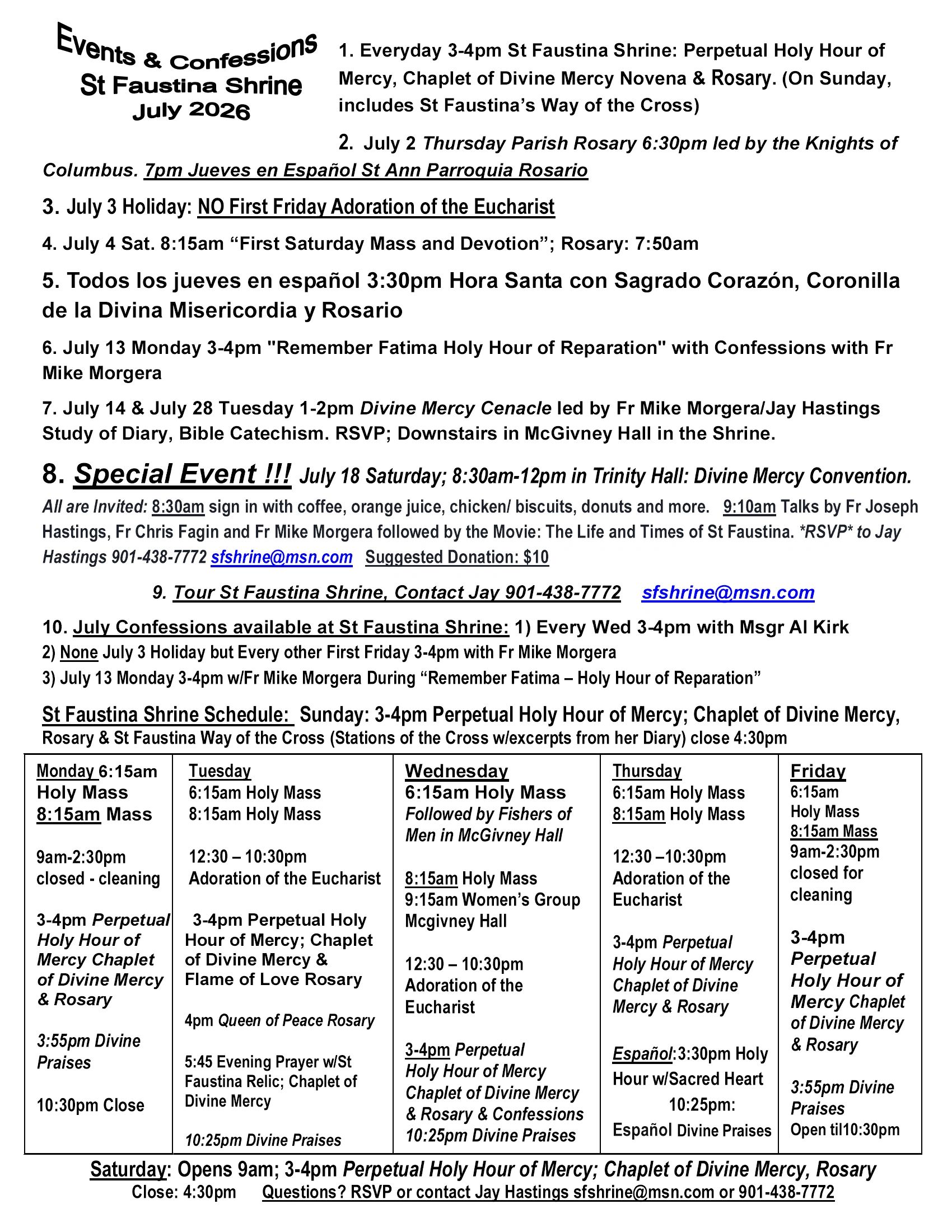 July 2026 events and schedule for St Faustina Shrine, including Mass times, prayers, and special events.