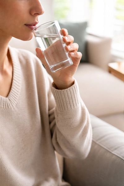 Person drinking a glass of water indoors.