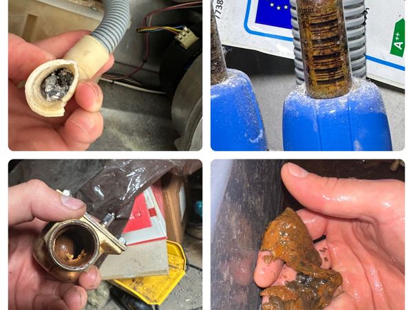 Corroded and dirty plumbing components, four images.
